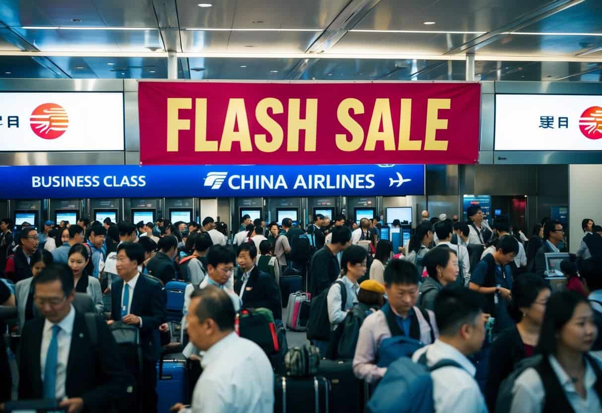 A crowded airport terminal with a prominent "Flash Sale" banner above the China Airlines check-in counter. Business class passengers are lining up to take advantage of the promotion