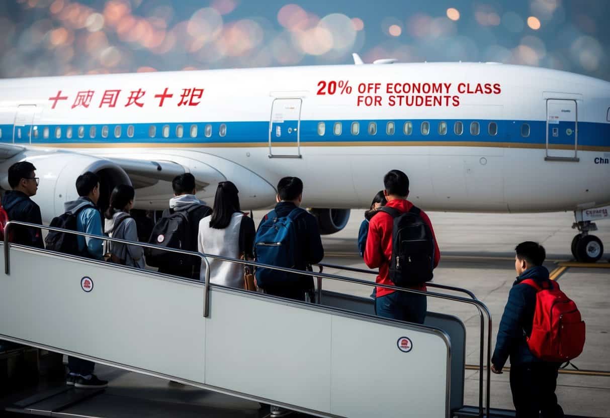 A group of students boarding a China Airlines plane, with a prominent "20% off Economy Class for Students" promotion displayed