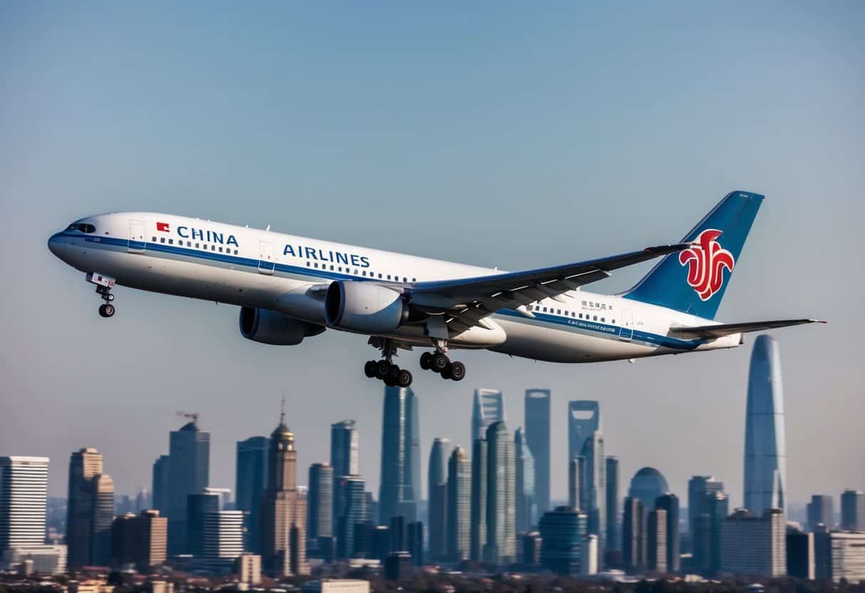 A plane flying over a city skyline with a prominent China Airlines logo and the words "Exclusive Discounts for Frequent Flyers" displayed prominently