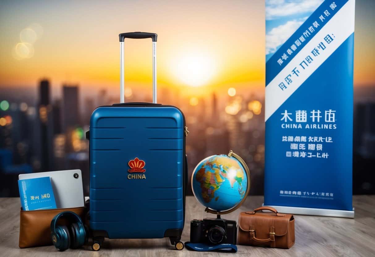 A suitcase with a China Airlines logo sits next to a globe, surrounded by travel accessories and a promotional banner