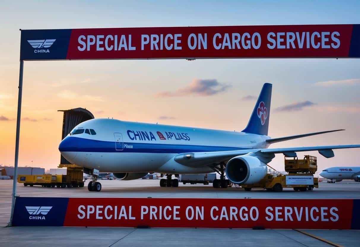 A cargo plane loading freight with "Special Price on Cargo Services" signage, surrounded by promotional banners for China Airlines
