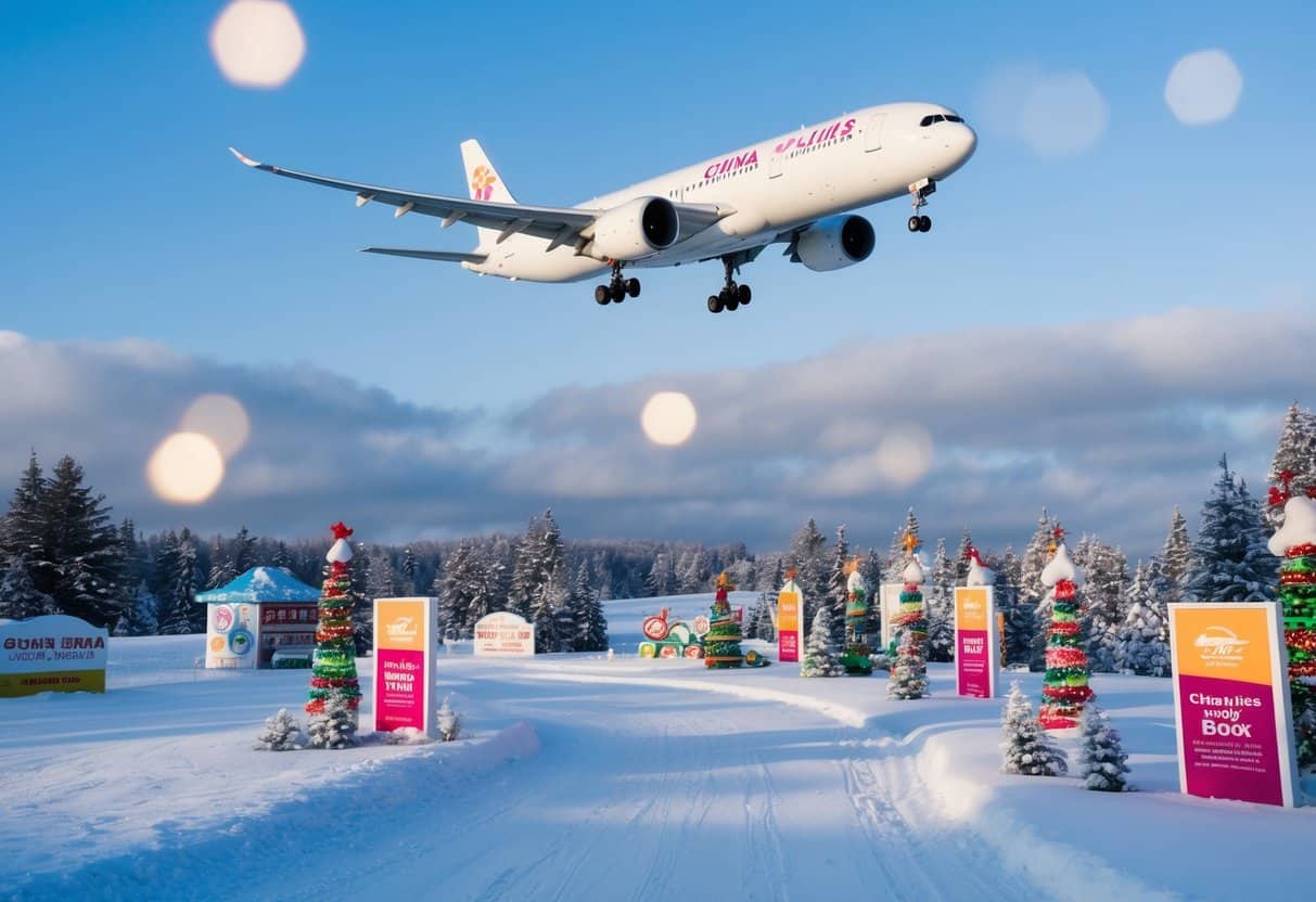 A snowy landscape with a China Airlines plane flying over a winter wonderland, surrounded by holiday-themed decorations and promotional signs