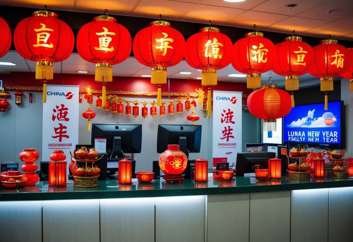 A festive scene at a China Airlines counter with red lanterns, traditional decorations, and promotional banners for Lunar New Year