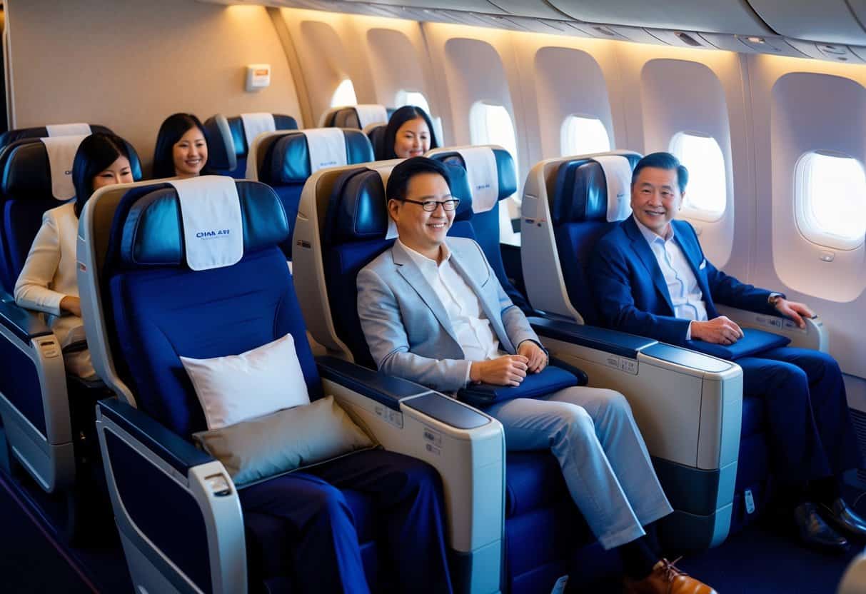 Passengers enjoying spacious, comfortable upgraded seats on a China Airlines flight, with no additional cost