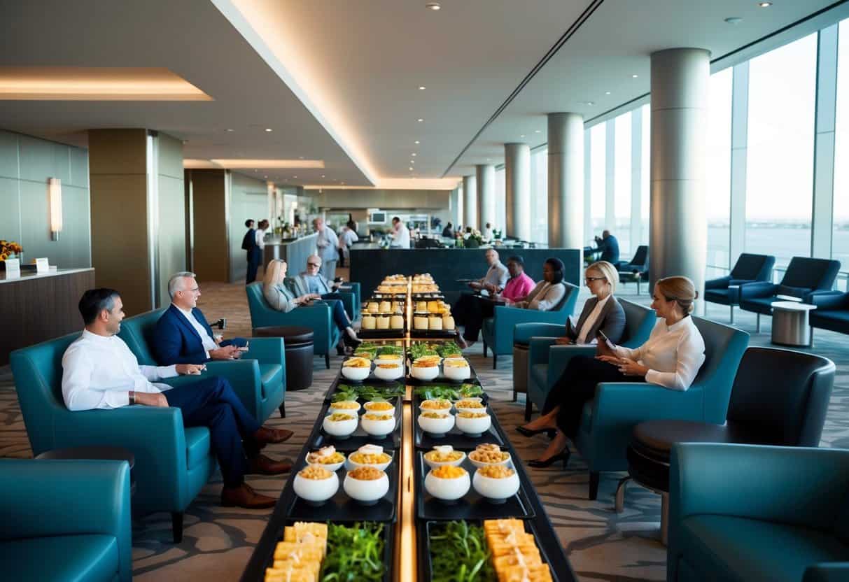 Passengers enjoying luxurious amenities in a modern airport lounge: comfortable seating, elegant decor, and a buffet of complimentary refreshments
