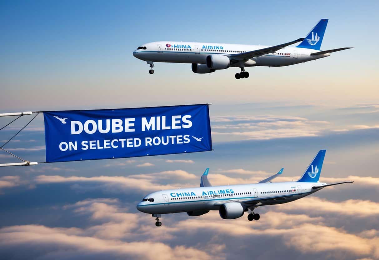 Two airplanes flying side by side, with a banner in the sky promoting "Double Miles on Selected Routes" for China Airlines