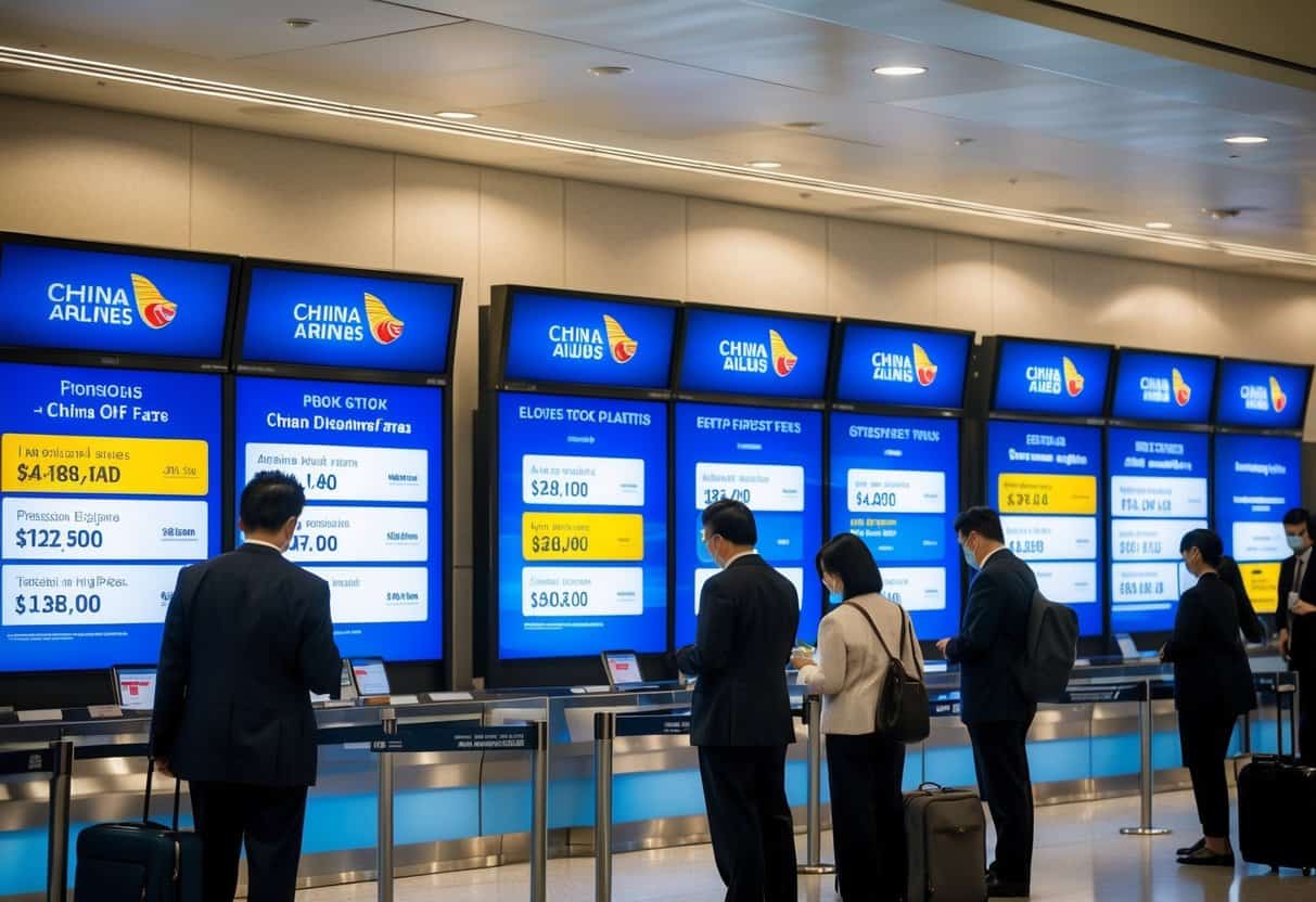 Passengers browsing China Airlines promotions on digital screens in a bustling airport terminal. Flight destinations and discounted fares are displayed alongside the airline's logo