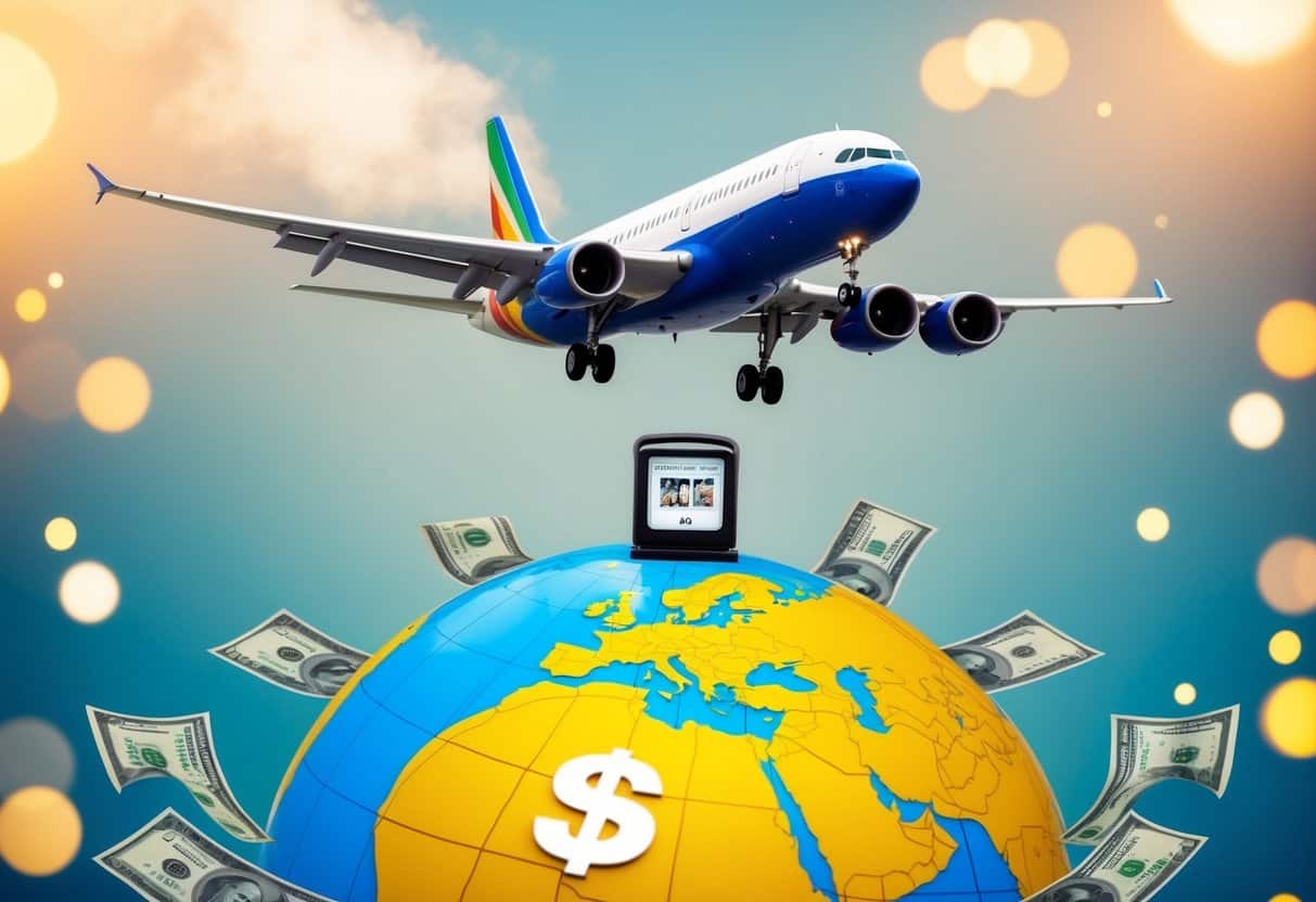 A colorful airplane flying over a globe with a money symbol, surrounded by promotional banners and a savings meter