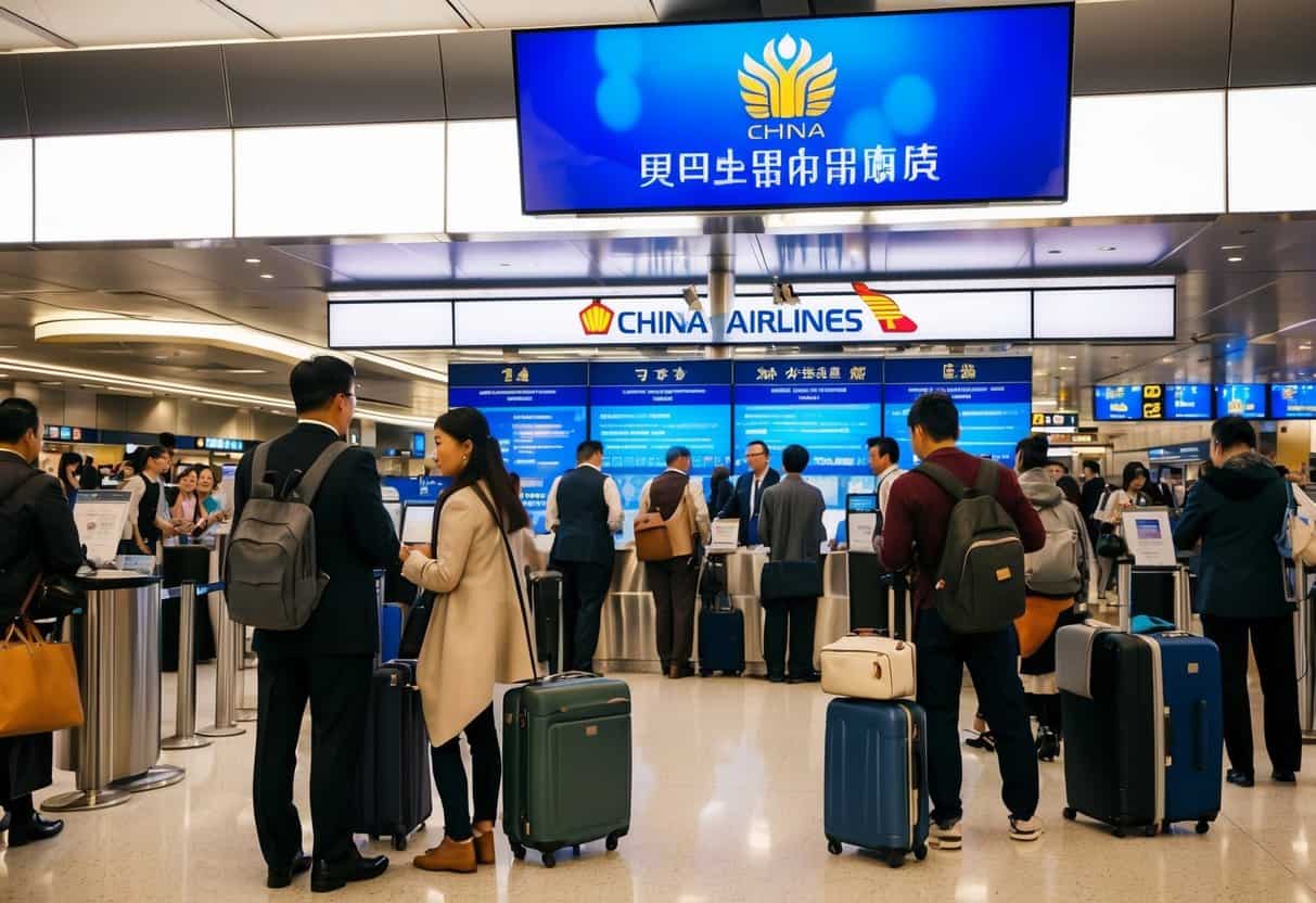 A bustling airport terminal with a prominent China Airlines promotion display and a crowd of travelers seeking information