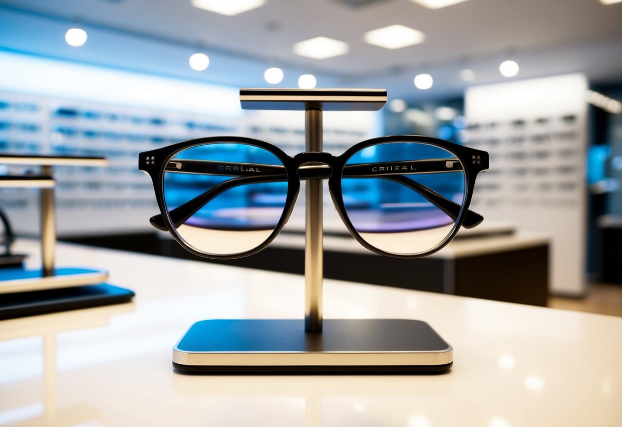 A pair of eyeglasses with Crizal lenses displayed on a sleek, modern stand in a well-lit optical store