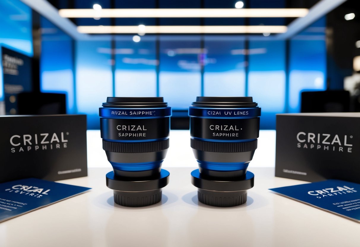 A pair of Crizal Sapphire UV lenses displayed in a sleek, modern setting with promotional materials nearby