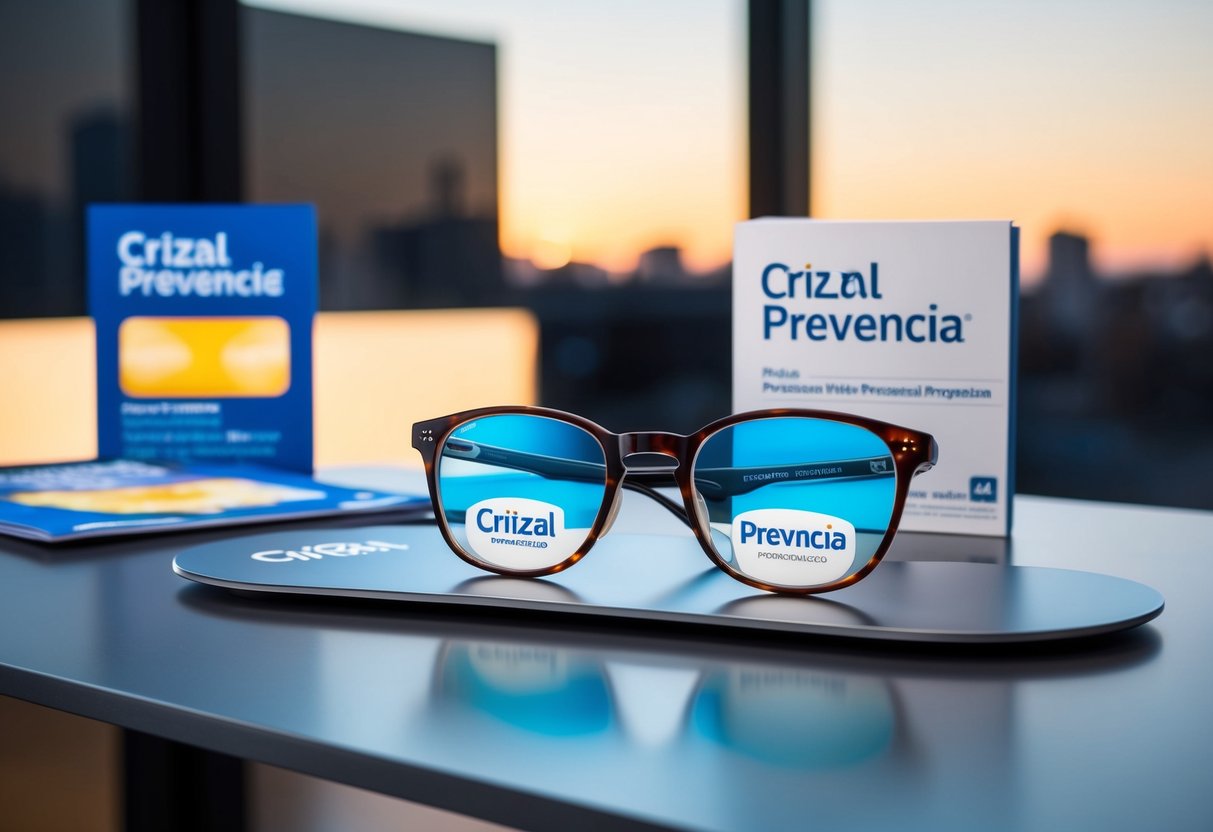 A pair of glasses with Crizal Prevencia lenses displayed on a sleek, modern table with promotional materials nearby