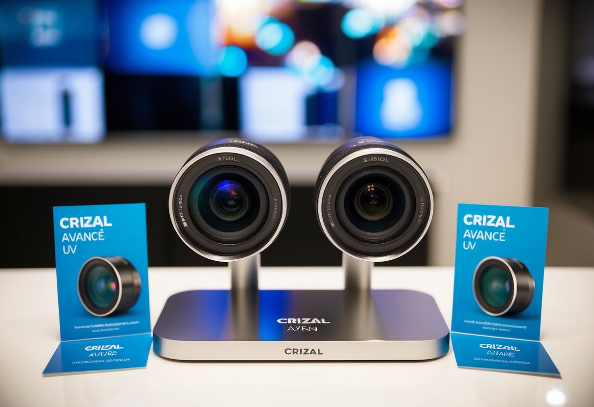 A pair of Crizal Avancé UV lenses displayed on a sleek, modern stand with promotional materials surrounding them