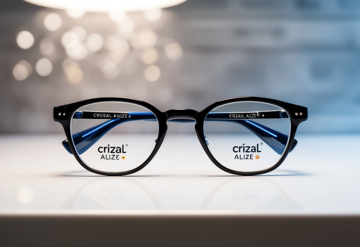 A pair of eyeglasses with Crizal Alizé+ lenses displayed on a clean, modern countertop with a soft, diffused light illuminating the lenses