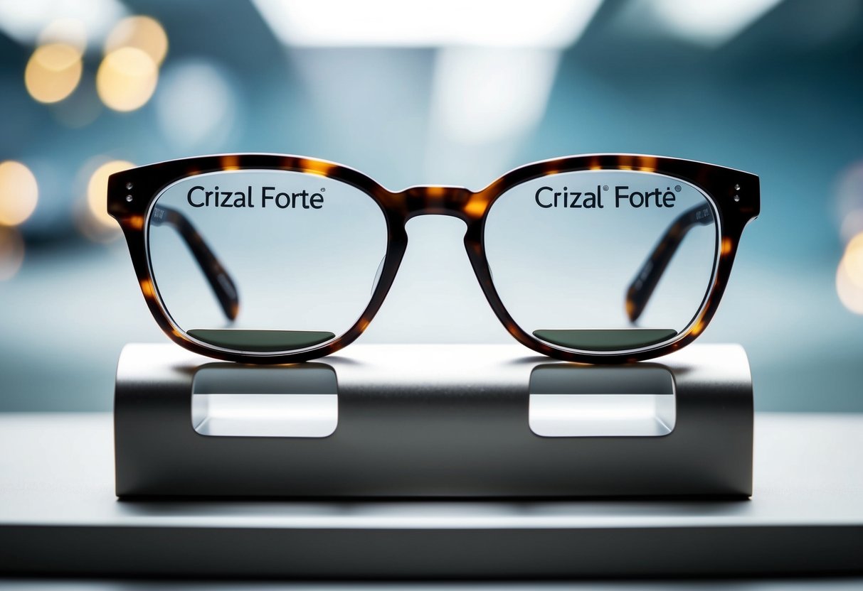 A pair of stylish glasses with Crizal Forte UV lenses displayed on a sleek, modern promotional stand