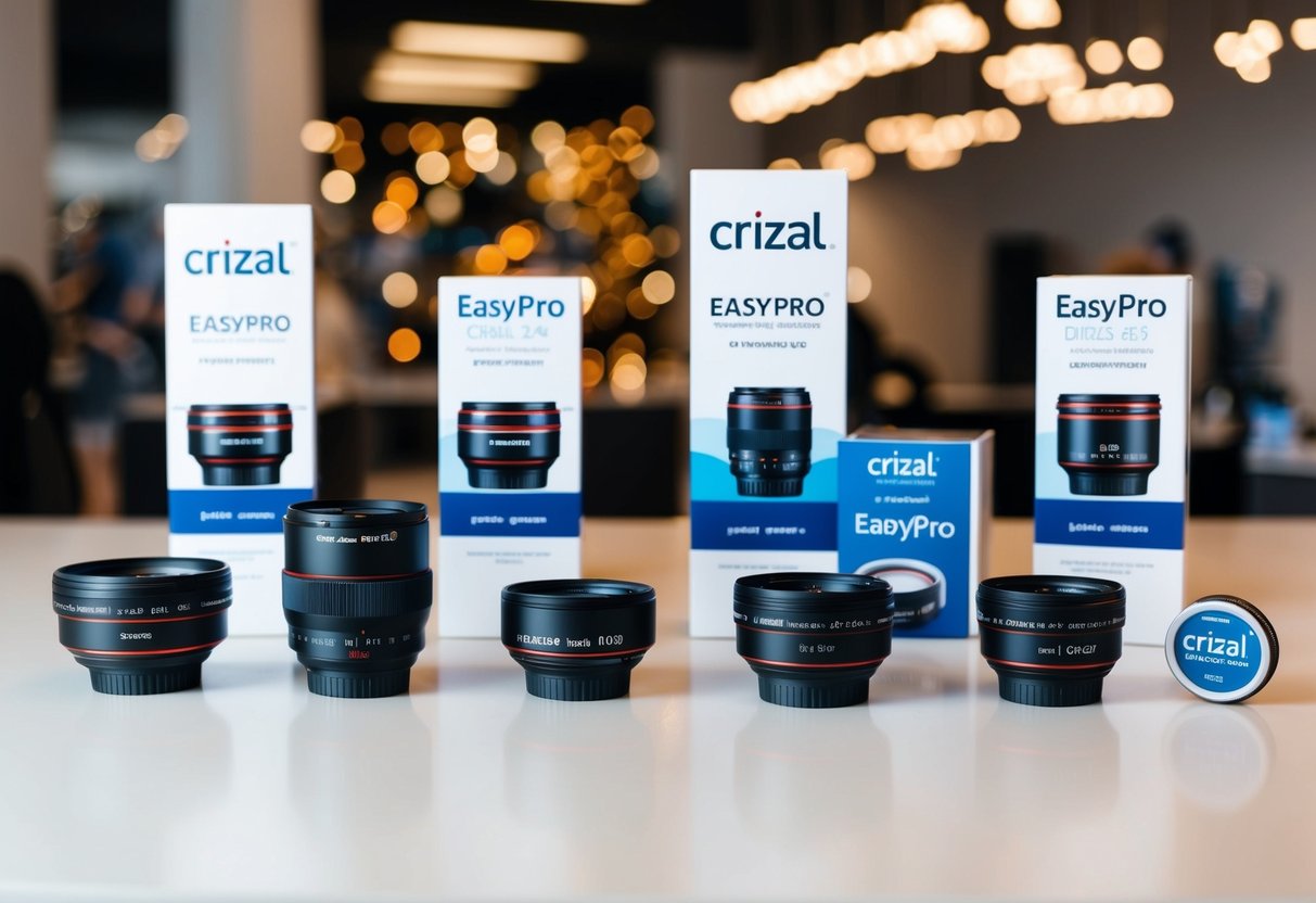 A display of Crizal EasyPro lens promotions with various lens options and branding materials