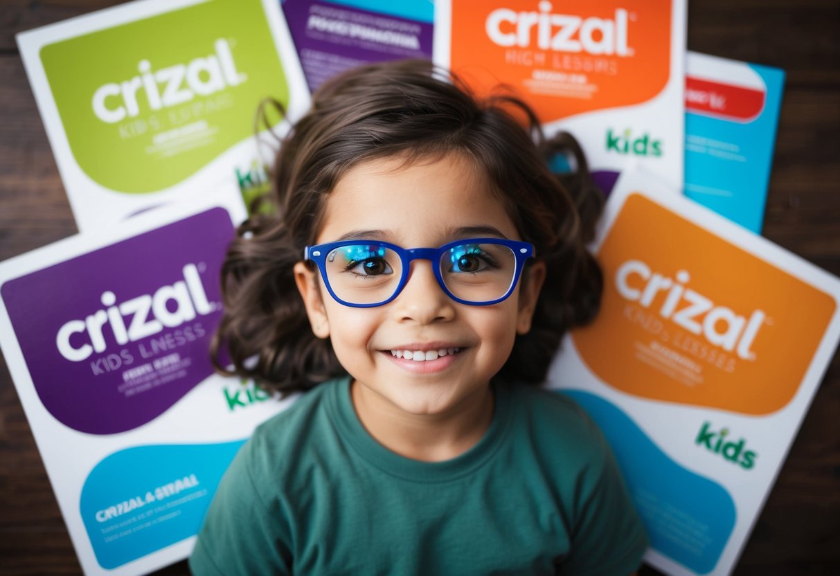 A child wearing glasses with Crizal Kids lenses, surrounded by colorful promotional materials