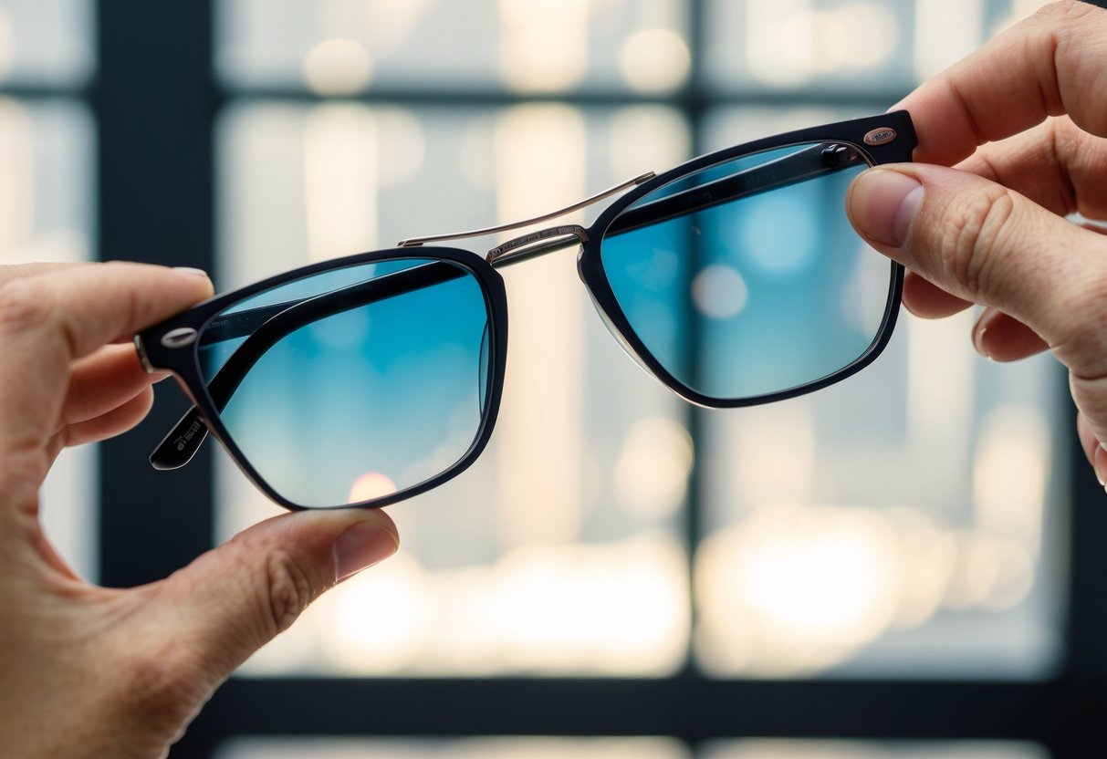 A pair of Crizal Transitions lenses being placed on a sleek, modern eyeglass frame by a hand. The lenses are clear indoors and darken when exposed to sunlight