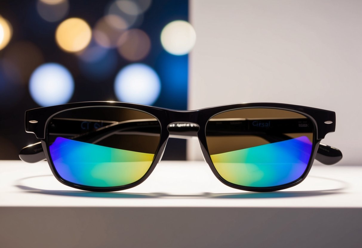 A pair of sunglasses with Crizal Sun UV lenses displayed in a promotional setting