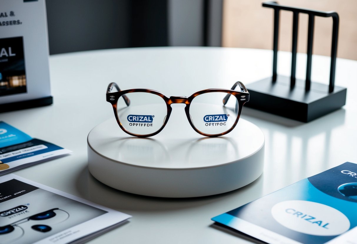 A pair of glasses with Crizal Optifog lenses sits on a clean, modern tabletop, surrounded by promotional materials and a sleek, minimalist display stand