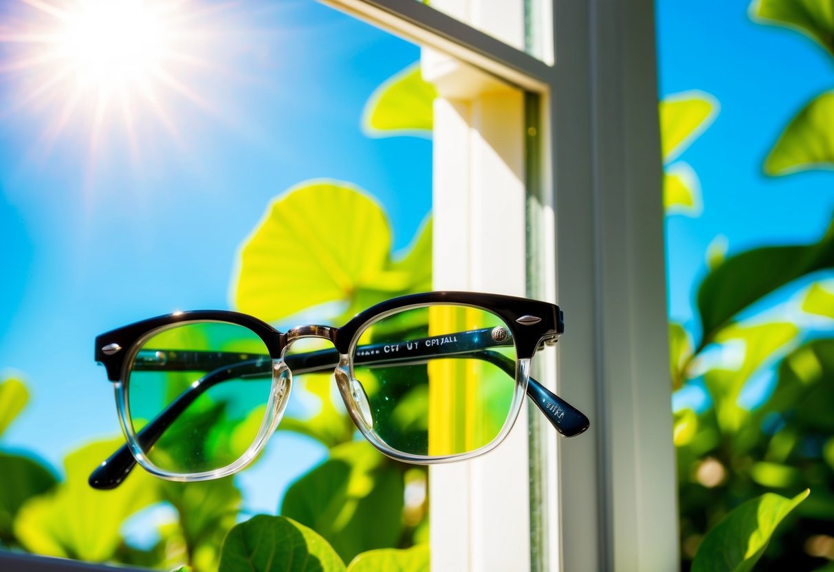 A pair of eyeglasses with Crizal lenses displayed next to a sunlit window, surrounded by vibrant green foliage and a clear blue sky