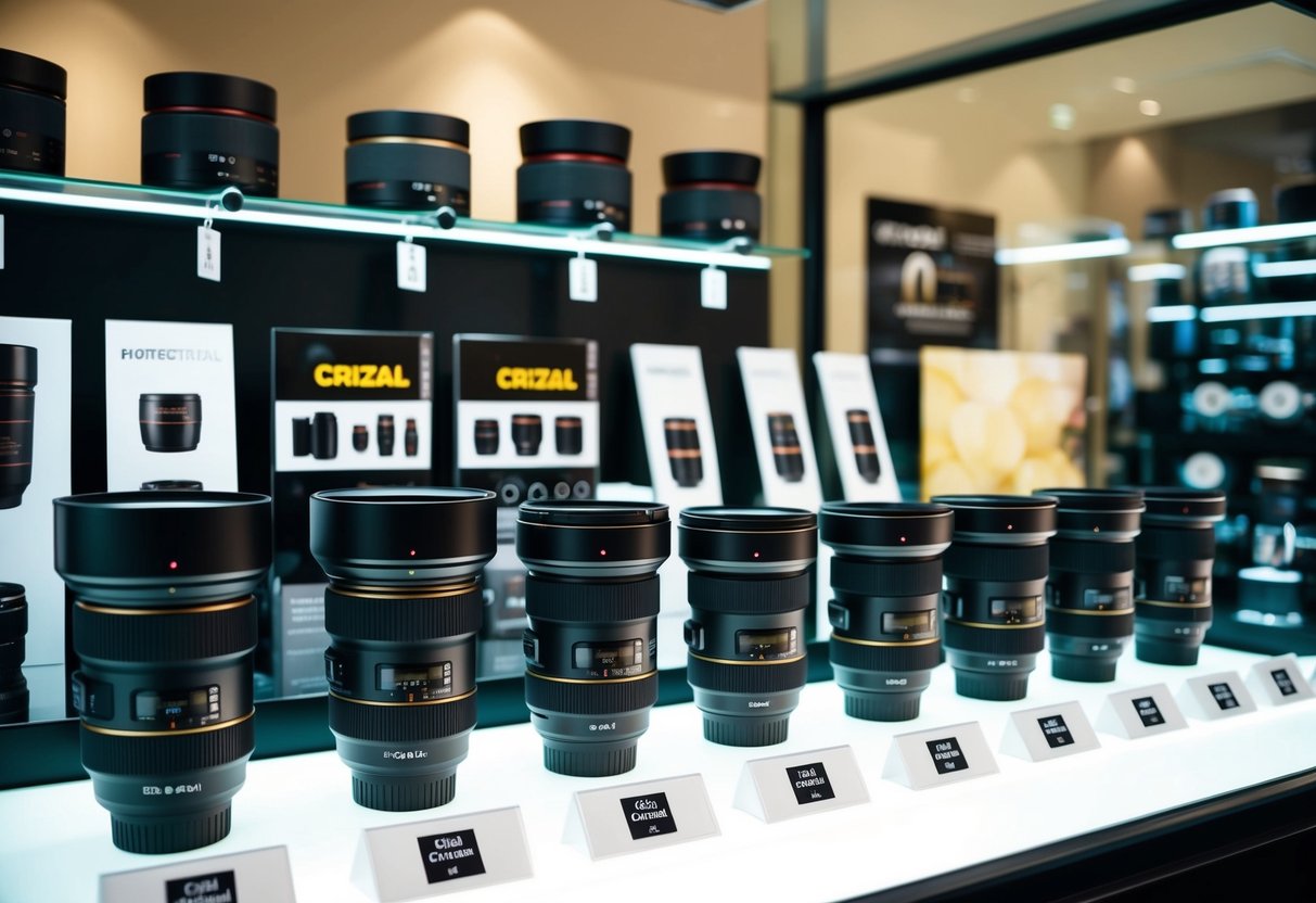 A display of various Crizal lenses arranged in a well-lit showcase, with clear labels and promotional materials nearby