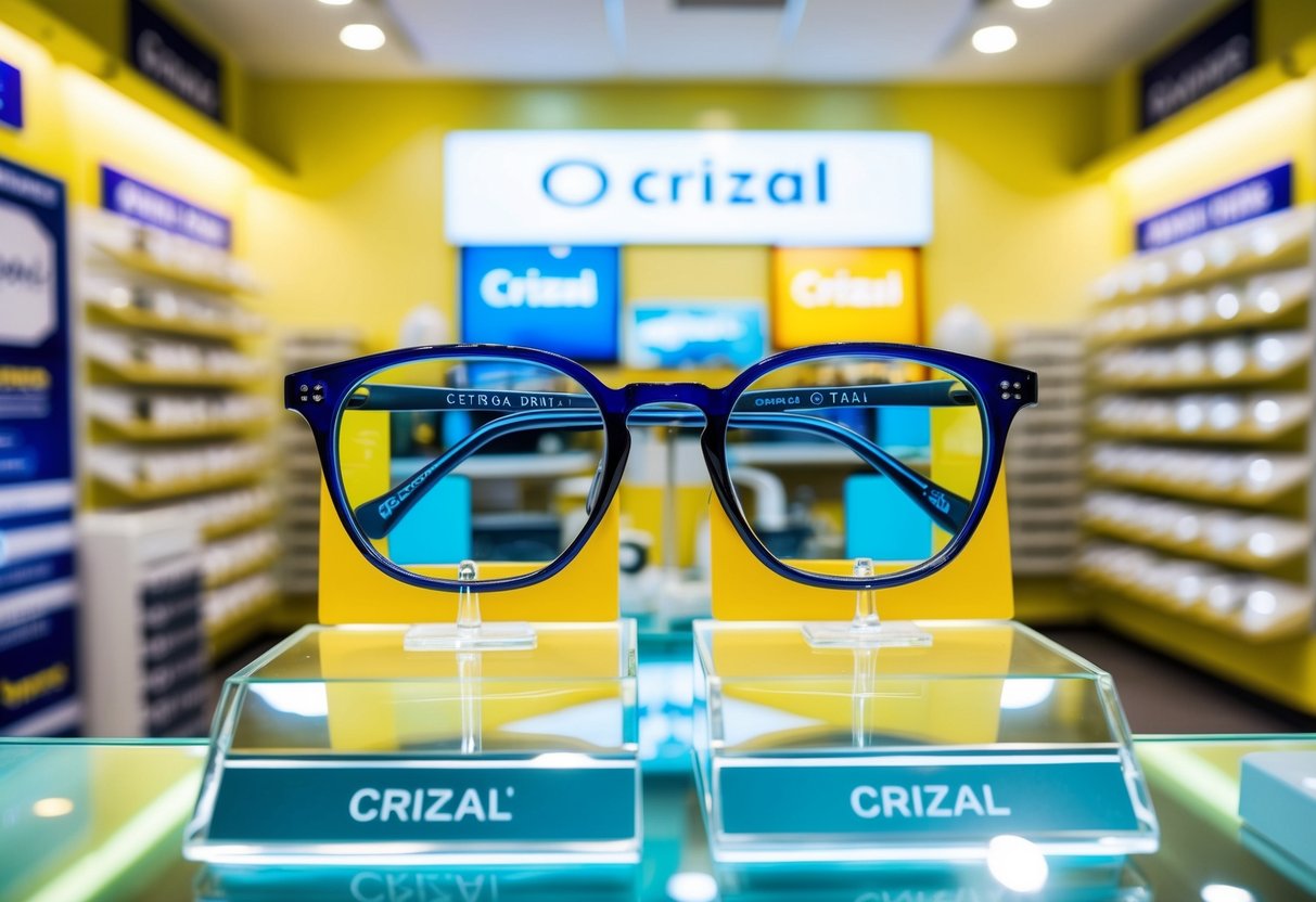 A pair of eyeglasses with Crizal lenses displayed in a vibrant, well-lit optical store, surrounded by promotional materials and signage