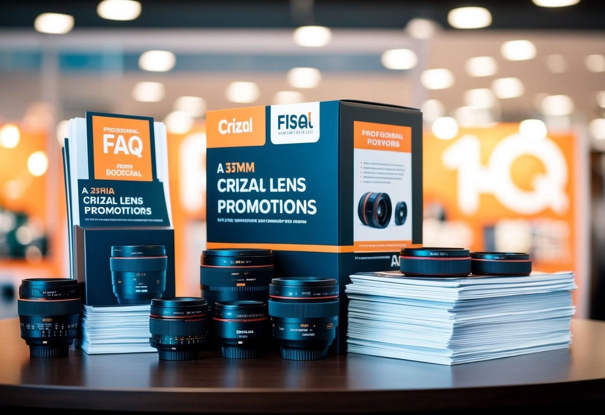 A display of Crizal lens promotions with a stack of FAQ brochures