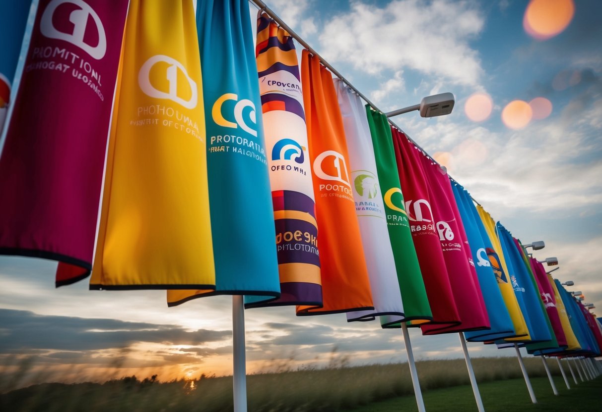 Colorful curtains billowing in the wind, adorned with promotional logos and designs