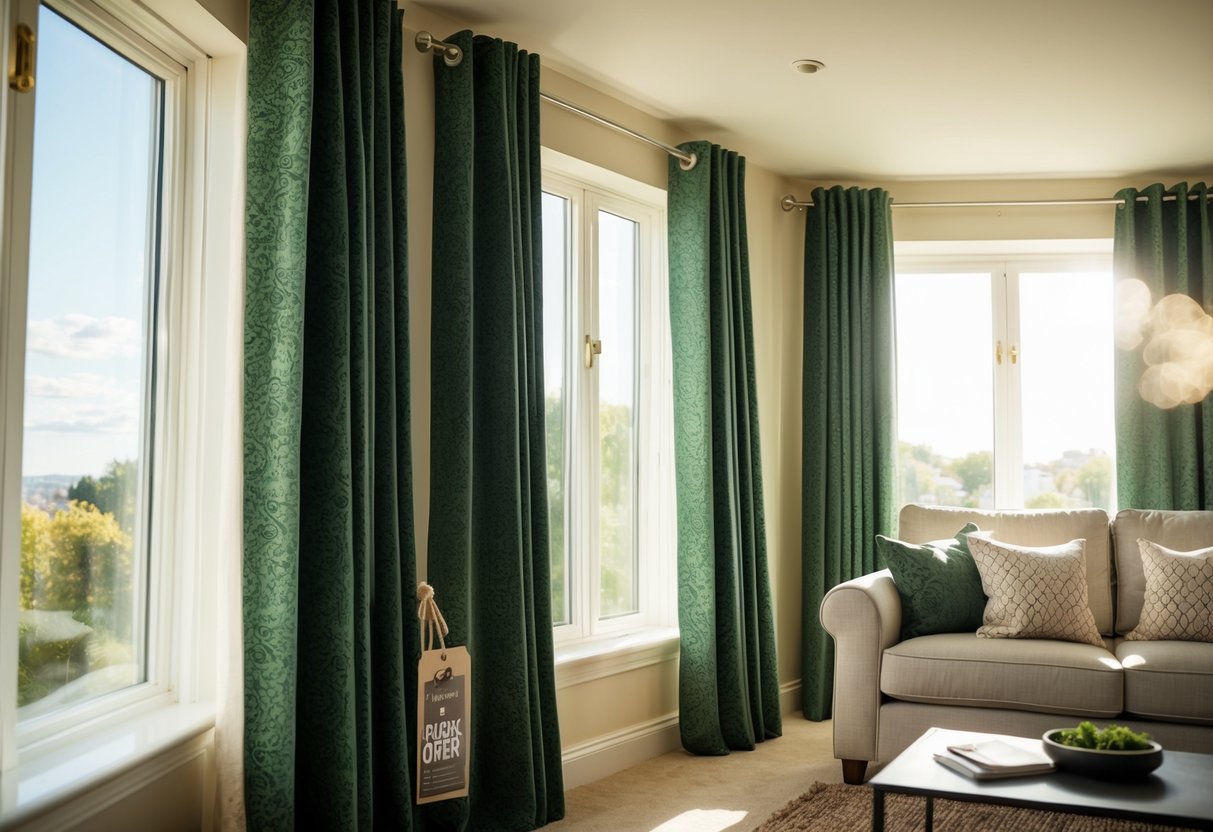 A cozy living room with sunlight streaming in, showcasing a pair of elegant evergreen blackout curtains with a promotional offer tag