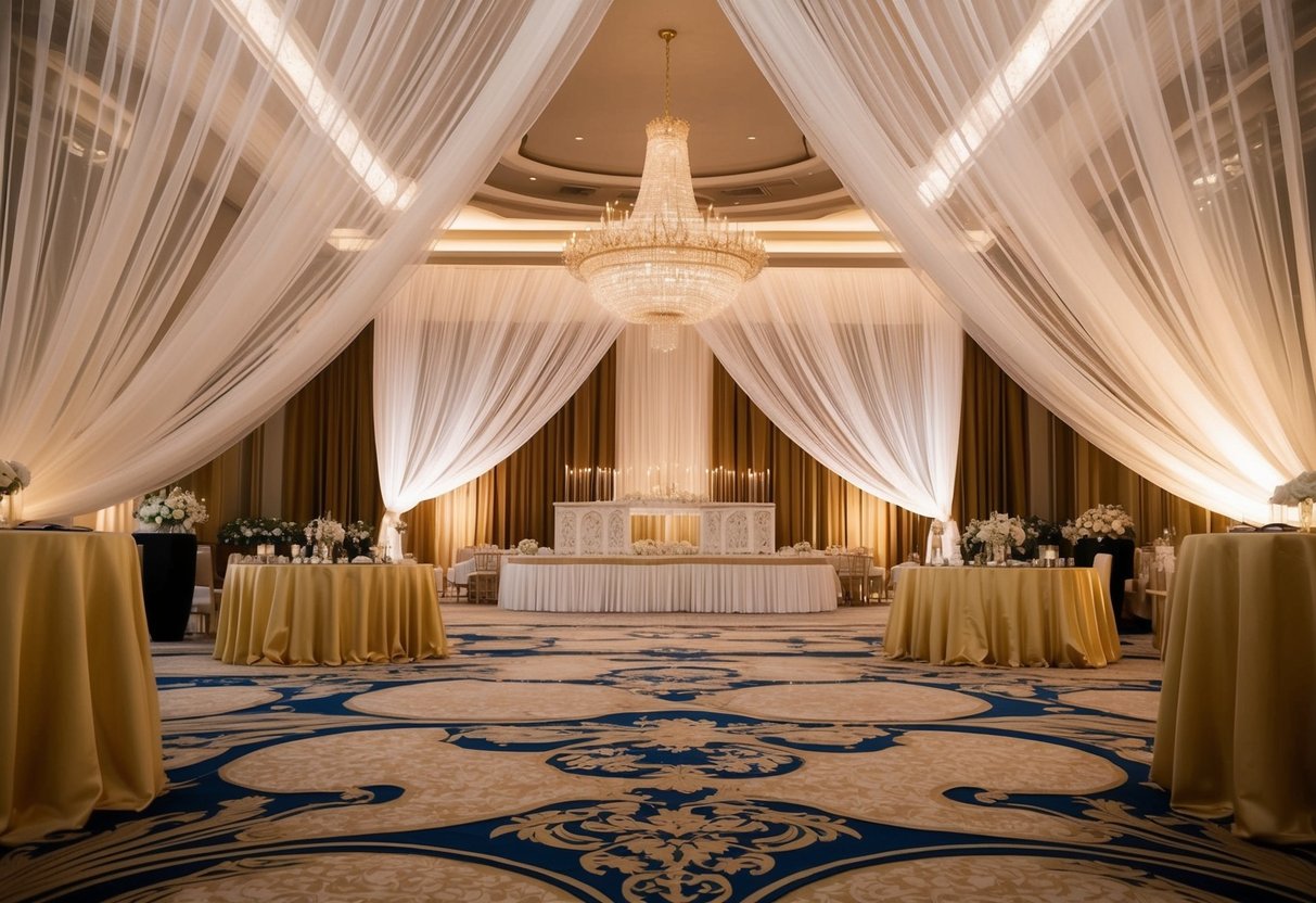 A grand ballroom with lavish decor, featuring sheer curtains billowing in the breeze, promoting opulent elegance