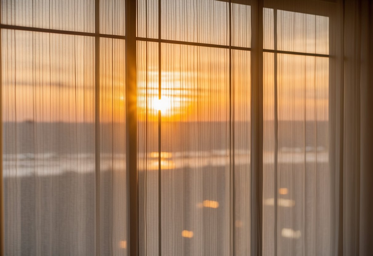 The setting sun casts a warm glow through linen blinds, creating a serene and inviting atmosphere for a promotion