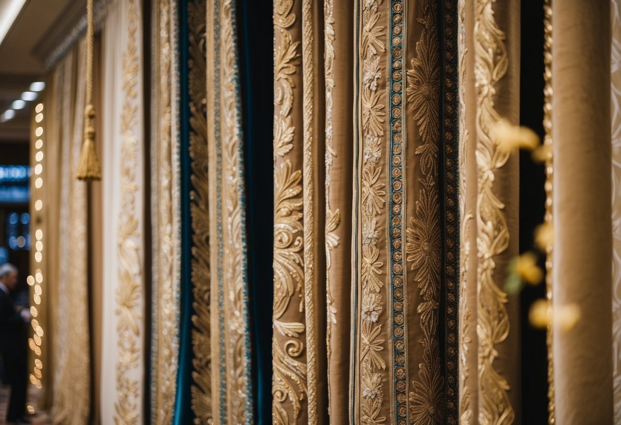 A luxurious curtain with intricate embroidered panels on display in a grand showroom