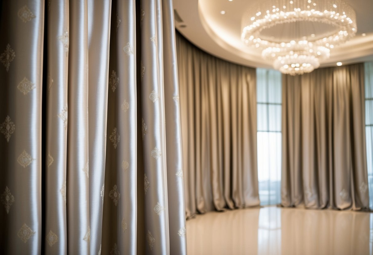 A billowing curtain of whispering silks, adorned with elegant patterns, catches the light in a luxurious showroom