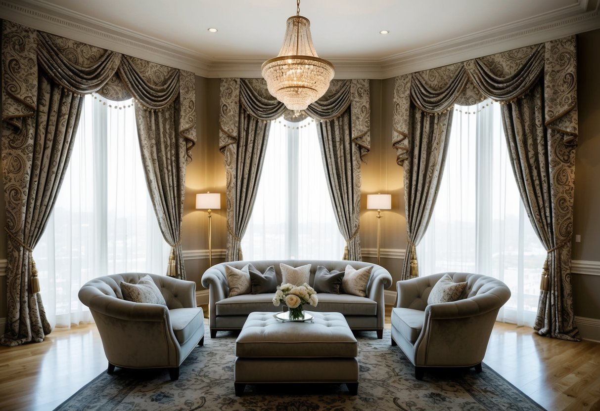 A luxurious living room with elegant paisley draperies cascading down large windows, creating a warm and inviting atmosphere