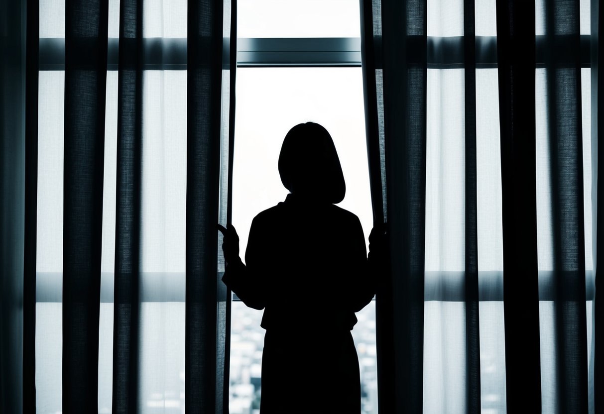A silhouette of a figure behind shadowy curtains, with light filtering through, promoting a product or event