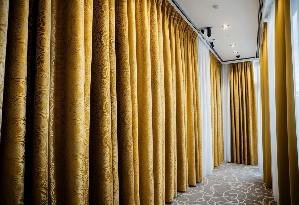 A luxurious curtain display showcasing GoldenHues Jacquard Voiles promotions