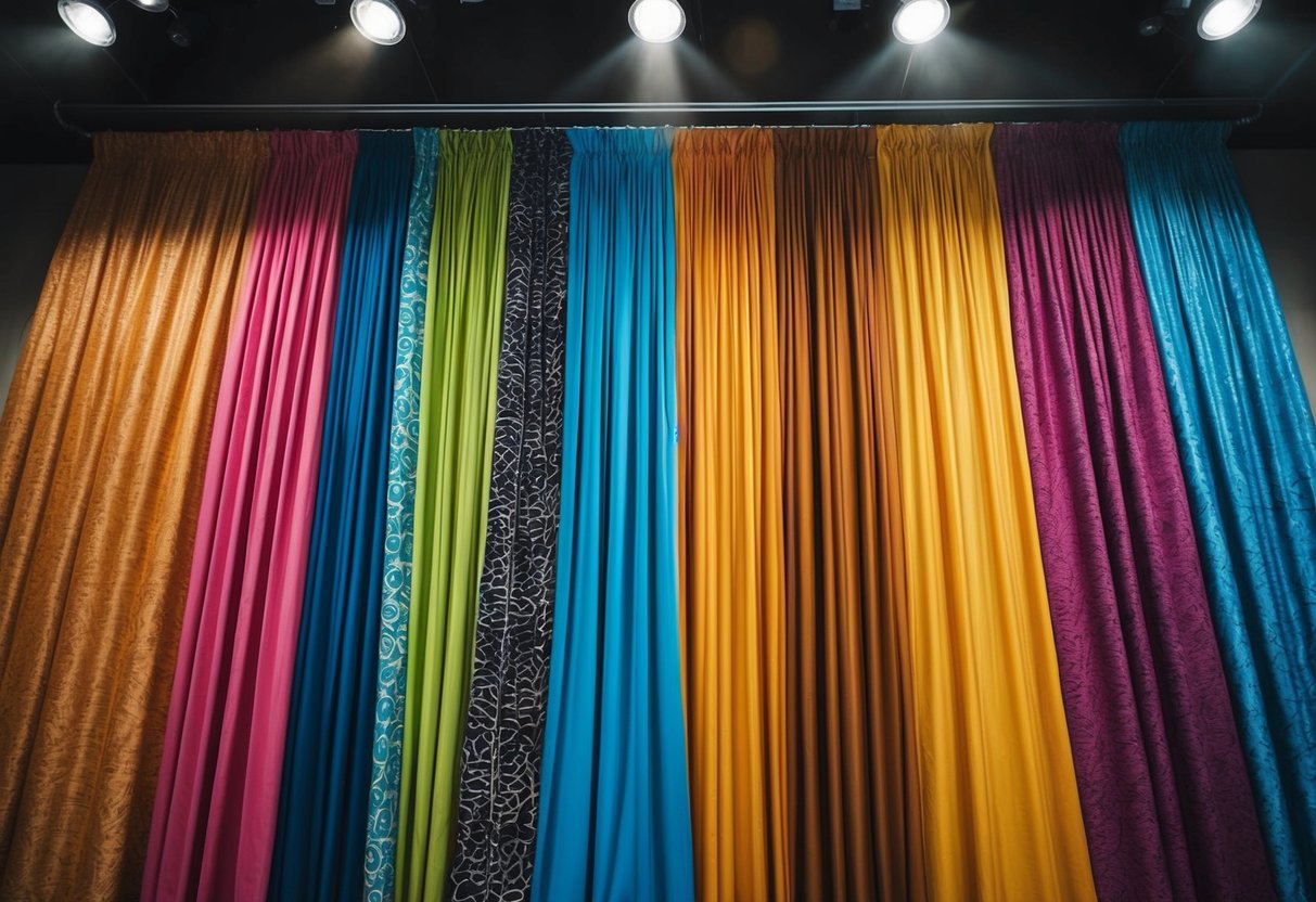 A colorful array of curtains cascading from a ceiling, with spotlights highlighting the various fabric patterns and textures