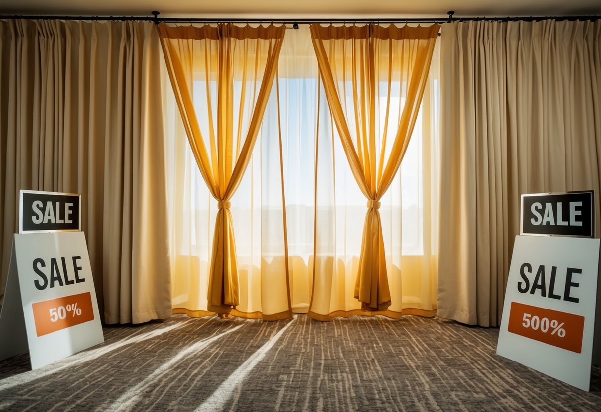 A sunny room with billowing curtains, surrounded by various curtain options and sale signs