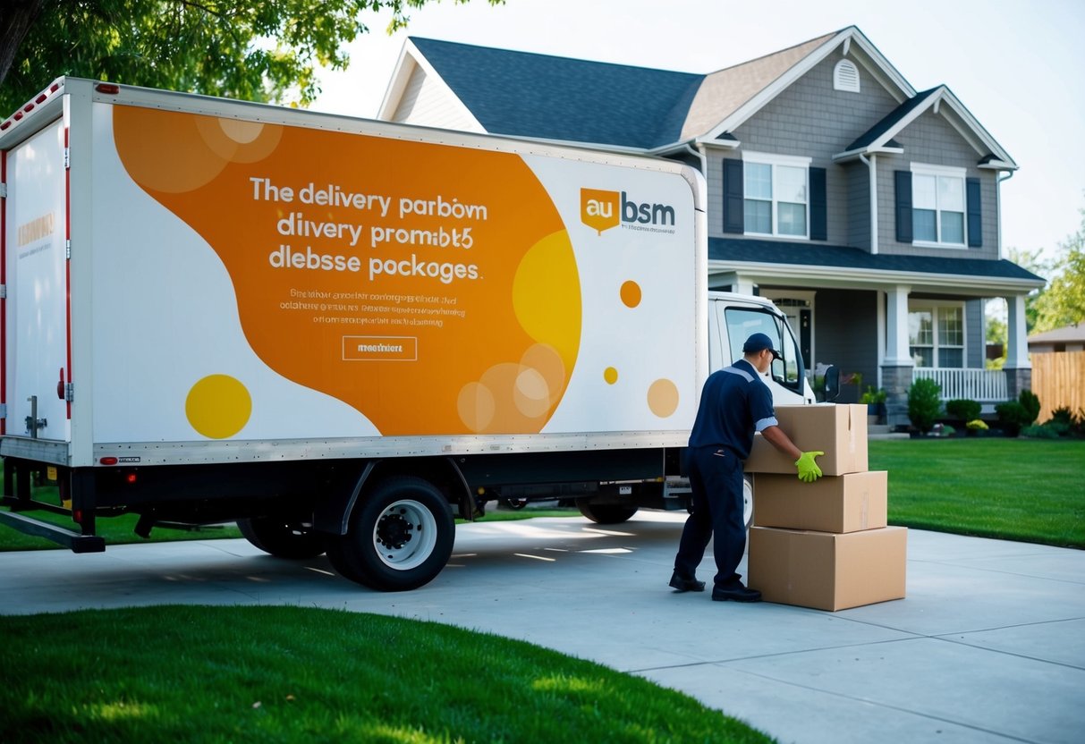 A delivery truck parked outside a house with a large promotional banner on its side. A delivery person unloading packages