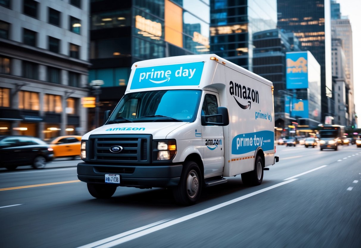 A delivery van speeding through a bustling city, adorned with Amazon Prime Day banners and logos