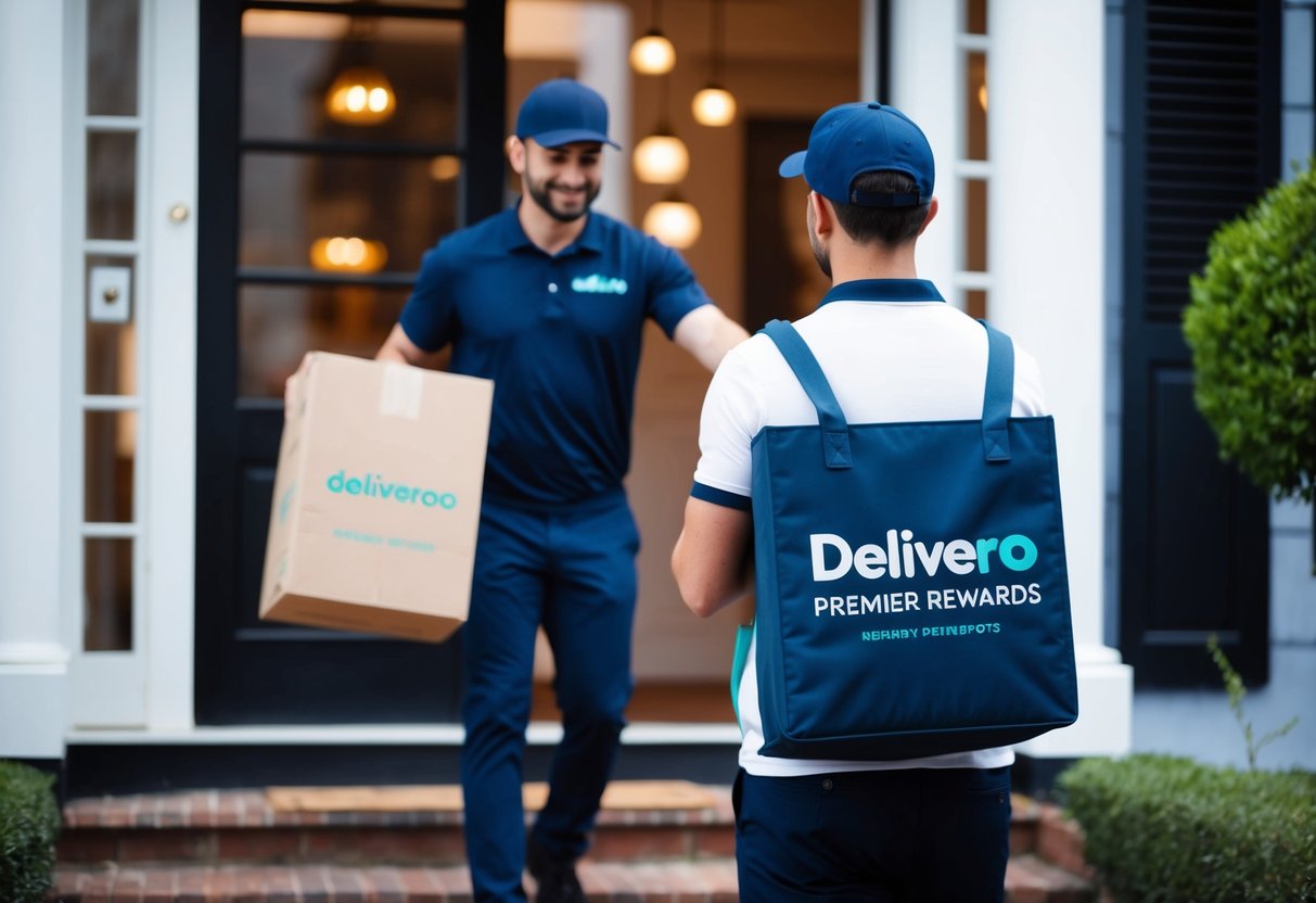A delivery person dropping off a package at a customer's doorstep, with the Deliveroo Premier Rewards logo prominently displayed on the delivery bag