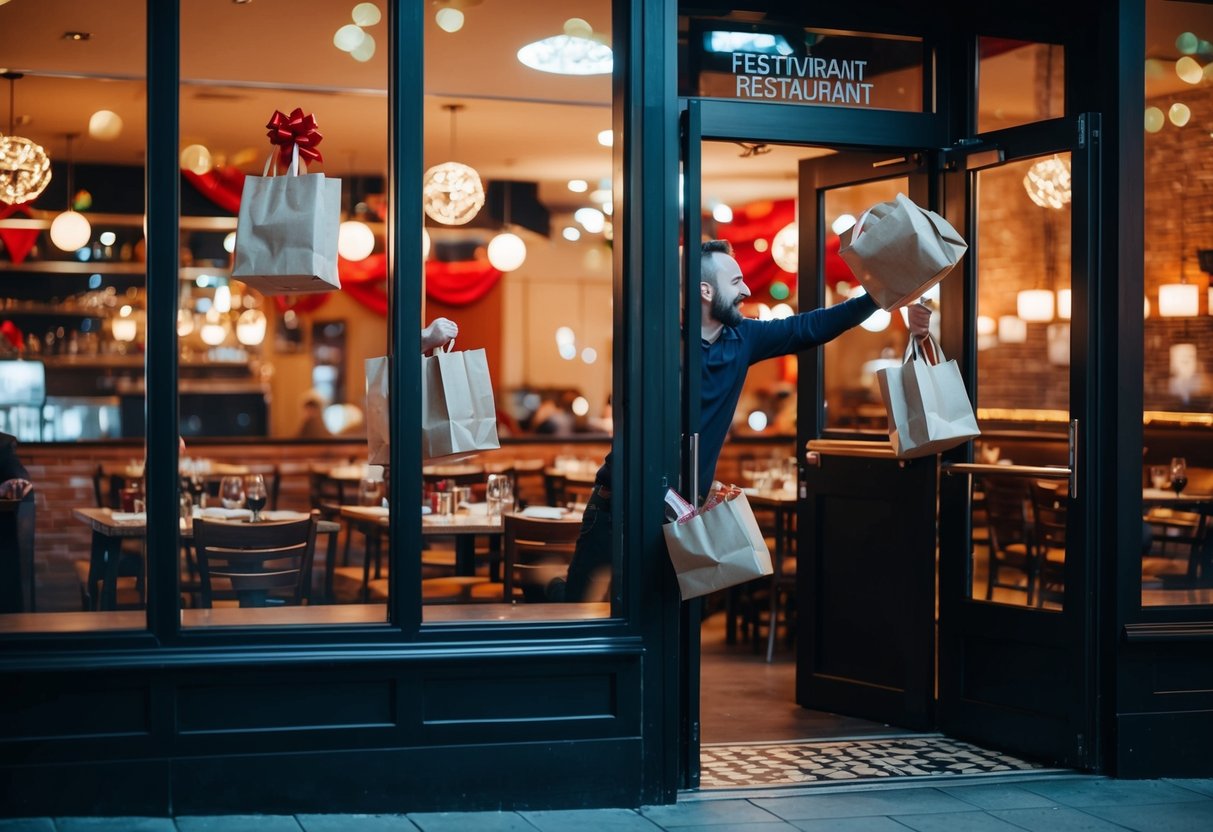 A festive restaurant with delivery bags flying out the door on a Friday night