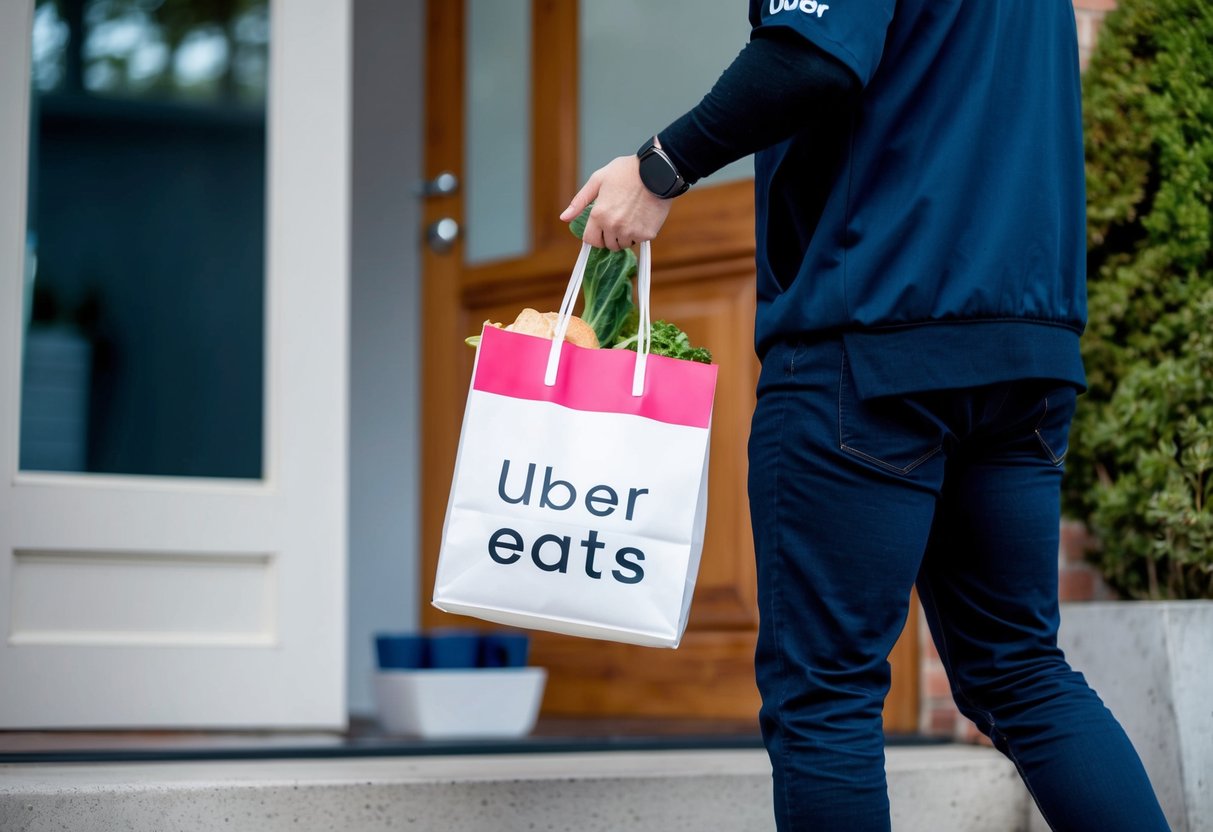A delivery person dropping off a bag of food at a customer's doorstep, with the Uber Eats logo prominently displayed on the bag