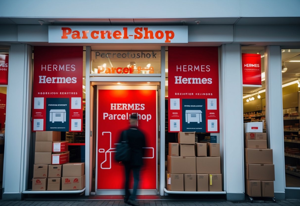 A busy Hermes ParcelShop with promotional banners and delivery packages