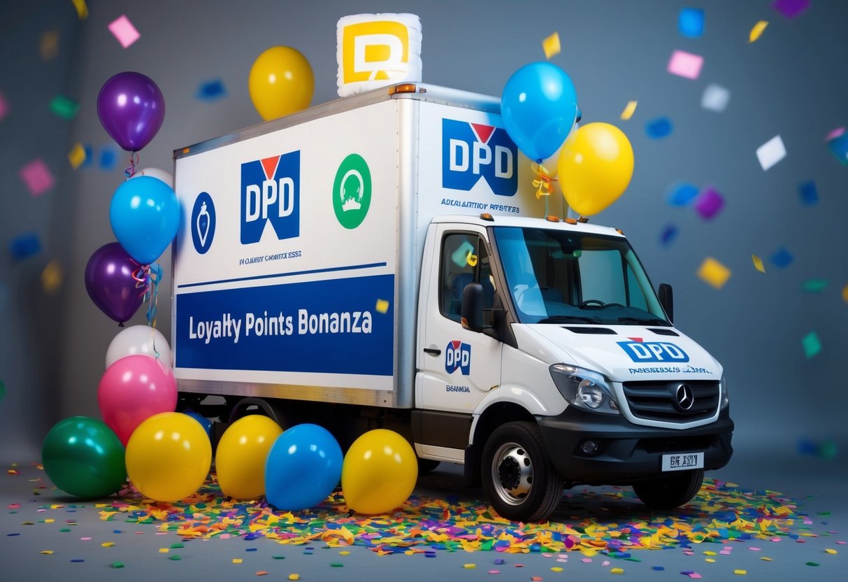 A delivery truck adorned with DPD logos and symbols, surrounded by colorful balloons and confetti, with the words "Loyalty Points Bonanza" prominently displayed