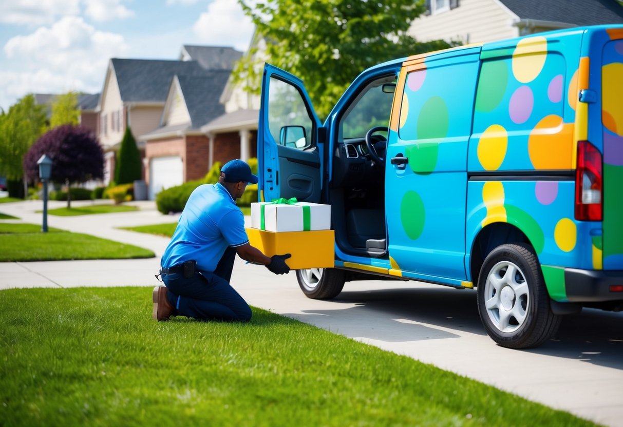 A colorful van parked in a suburban neighborhood, with a delivery person unloading a box of freebies onto a front porch