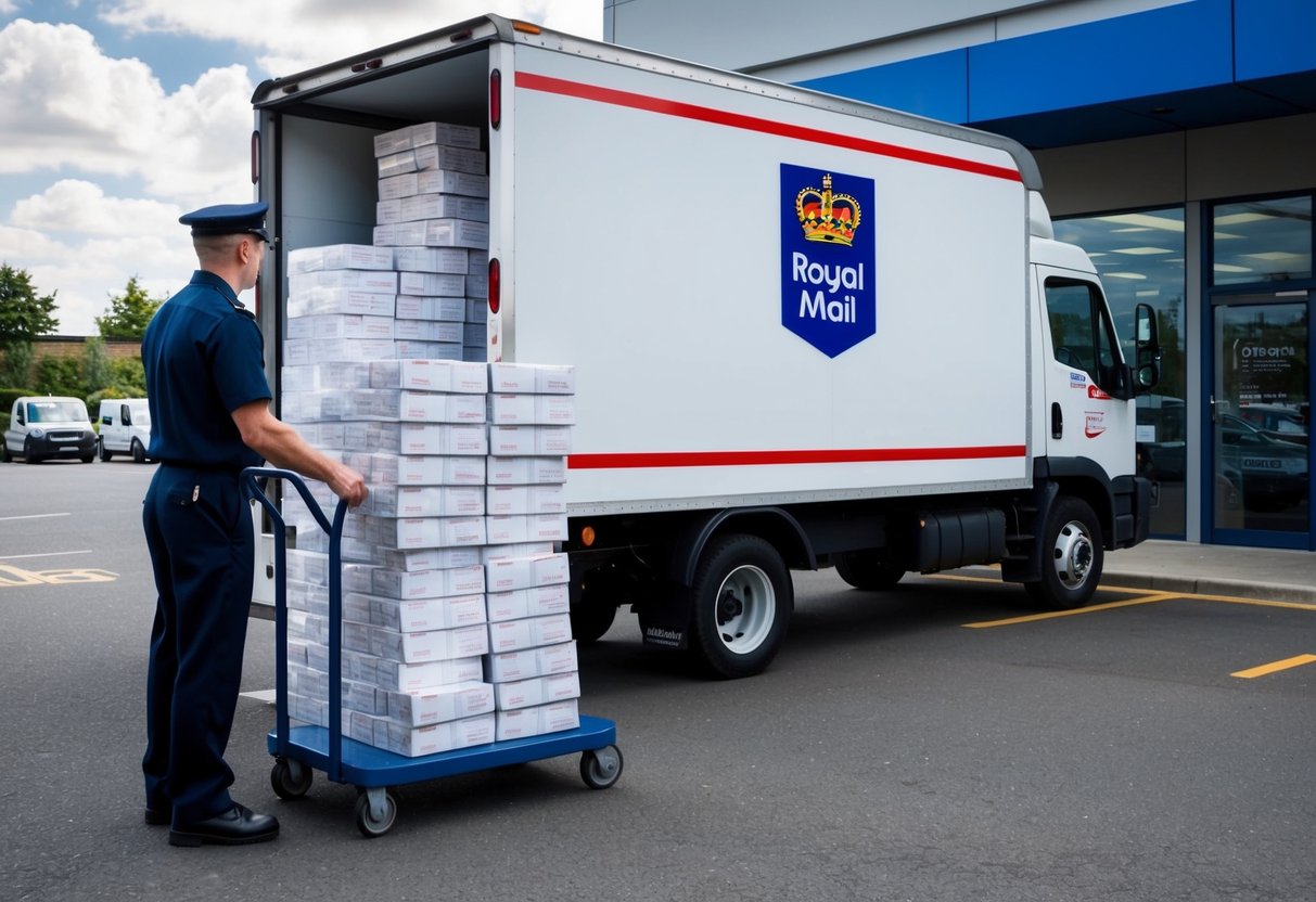 A Royal Mail delivery truck parked outside a business, with a stack of packages being loaded onto a trolley by a uniformed employee