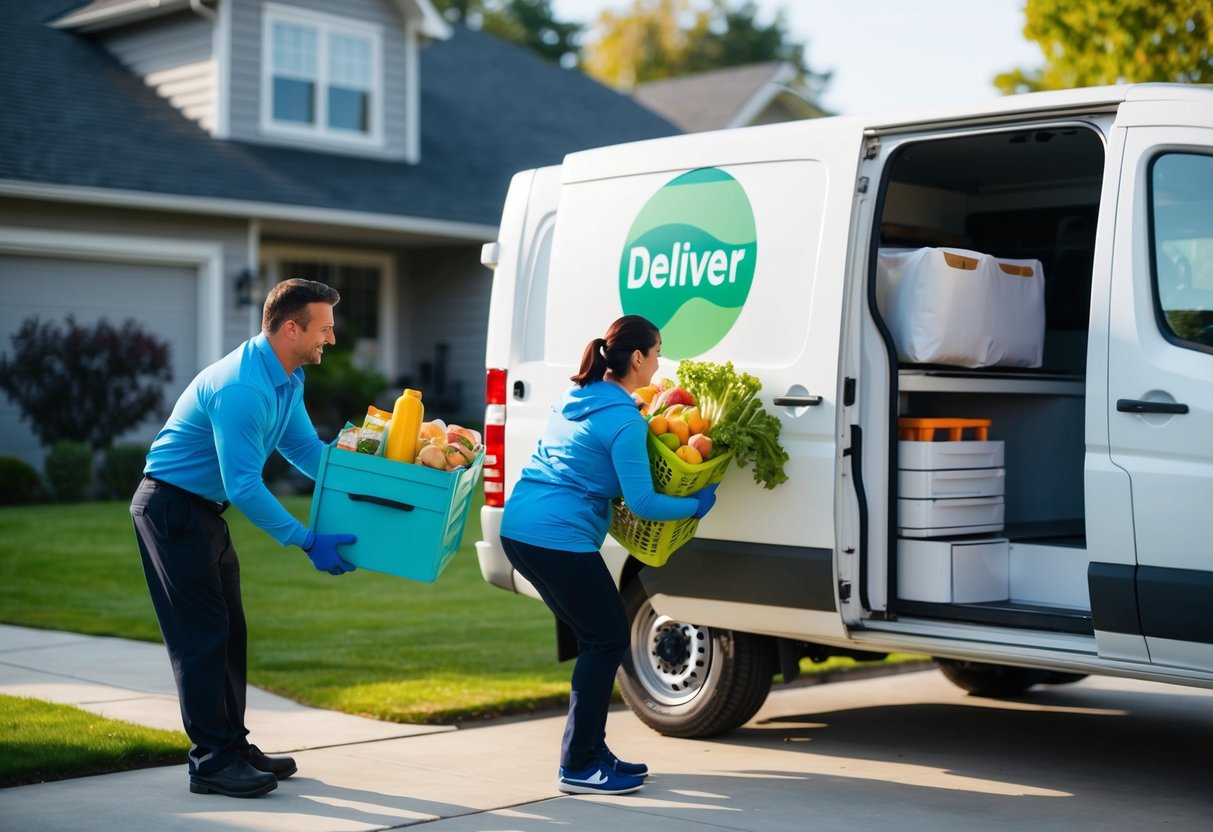 A delivery van parked outside a suburban home, with a driver unloading a colorful bundle of groceries at the doorstep