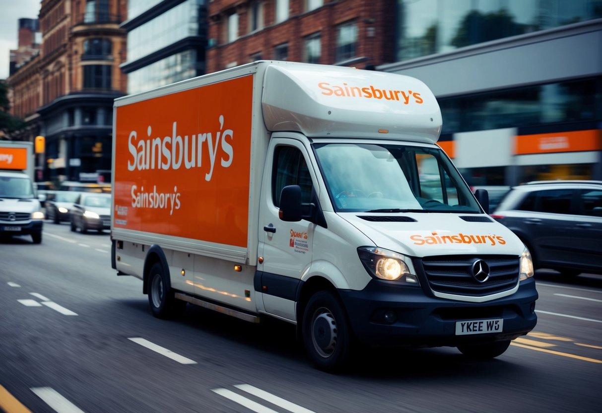 A delivery van speeds through a bustling city, adorned with Sainsbury's logos and promotional banners, weaving through traffic to make a timely delivery